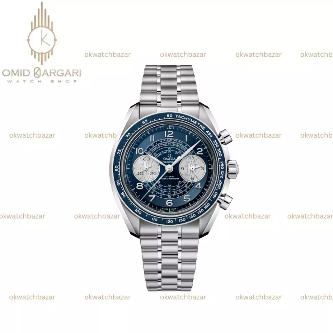 ساعت مچی امگا کورنواسکوپ بند سیلور صفحه آبی Omega Speadmaster