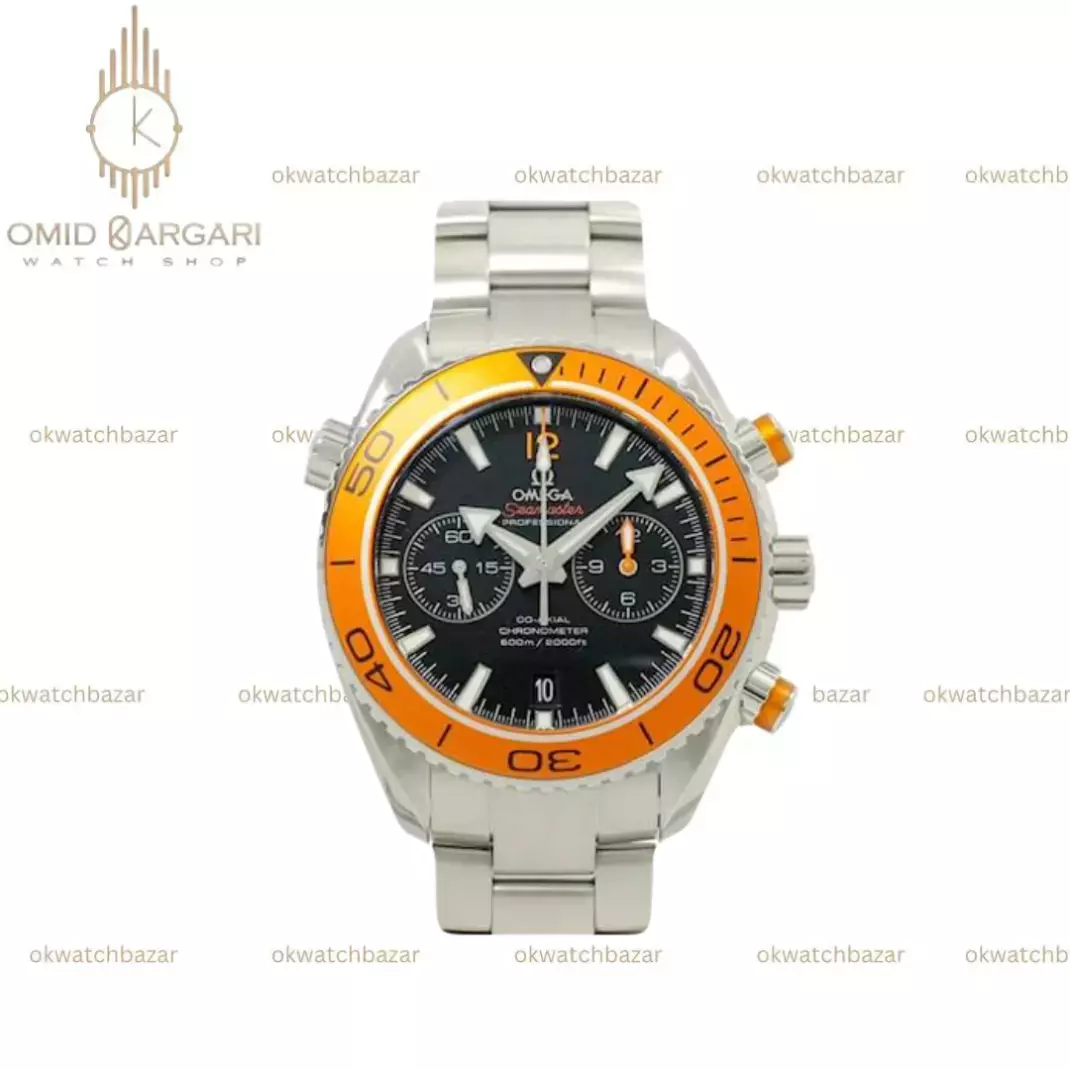 ساعت مچی امگا سیمستر کورنوگراف صفحه مشکی بزل نارنجی Omega Seamaster