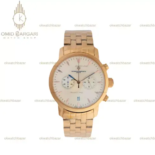 ساعت مچی واشرون کنستانتین کرونوگراف بند رزگلد صفحه کرمی Vacheron Constantin Geneve