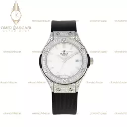 ساعت مچی اوبلو بند مشکی صفحه سفید فول نگین Hublot Classic Fusion