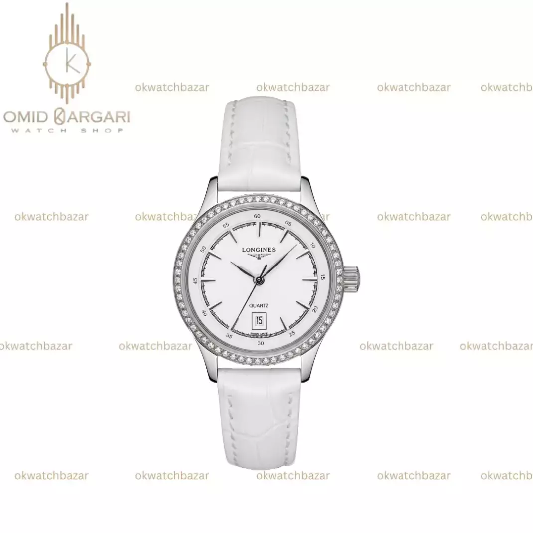 ساعت مچی لونژین بند چرمی سفید قاب استیل نگین دار Longines