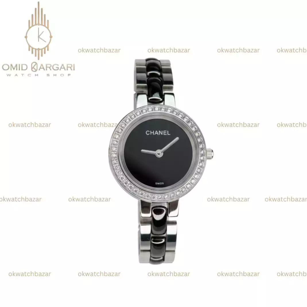 ساعت مچی شنل سیلور صفحه مشکی قاب نگین دار Chanel