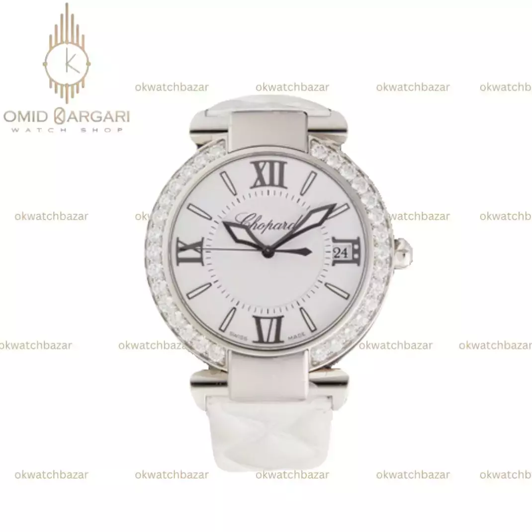 ساعت مچی شوپارد تمام سفید قاب استیل نگین دار Chopard