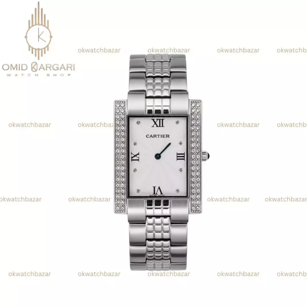 ساعت مچی کارتیه بند فلزی صفحه سفید قاب دور نگین Cartier