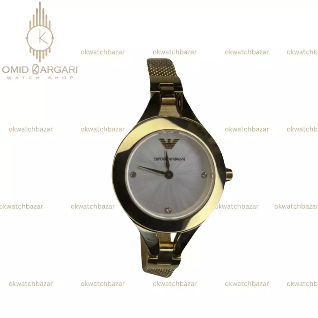 ساعت مچی امپریو آرمانی بند حصیری طلایی صفحه سفید Emporio Armani