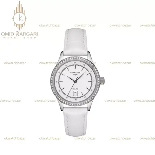ساعت مچی لونژین بند چرمی سفید قاب استیل نگین دار Longines