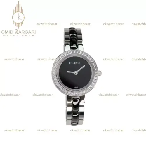 ساعت مچی شنل سیلور صفحه مشکی قاب نگین دار Chanel