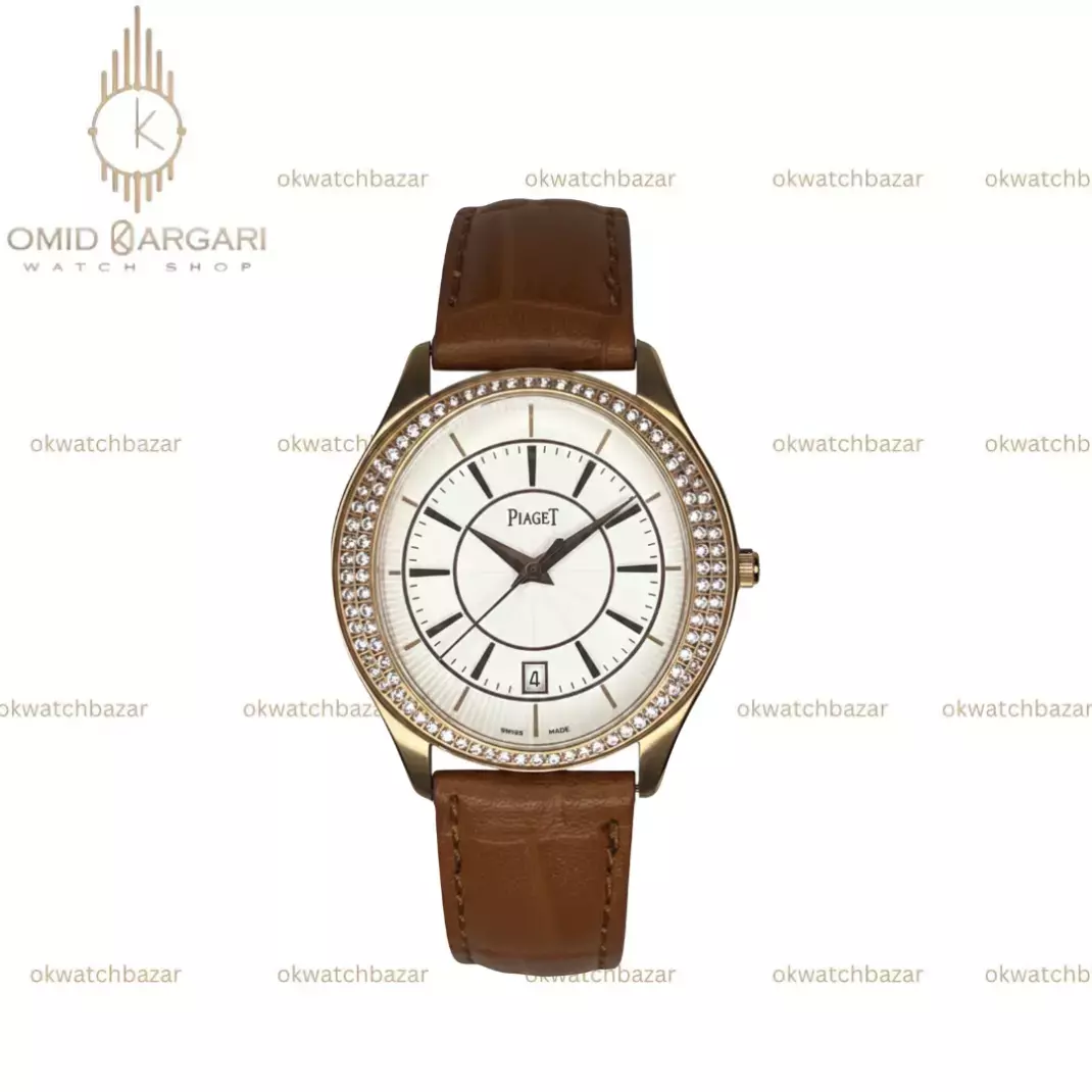 ساعت مچی پیاژه بند چرمی قهوه ای قاب نگین دار Piaget