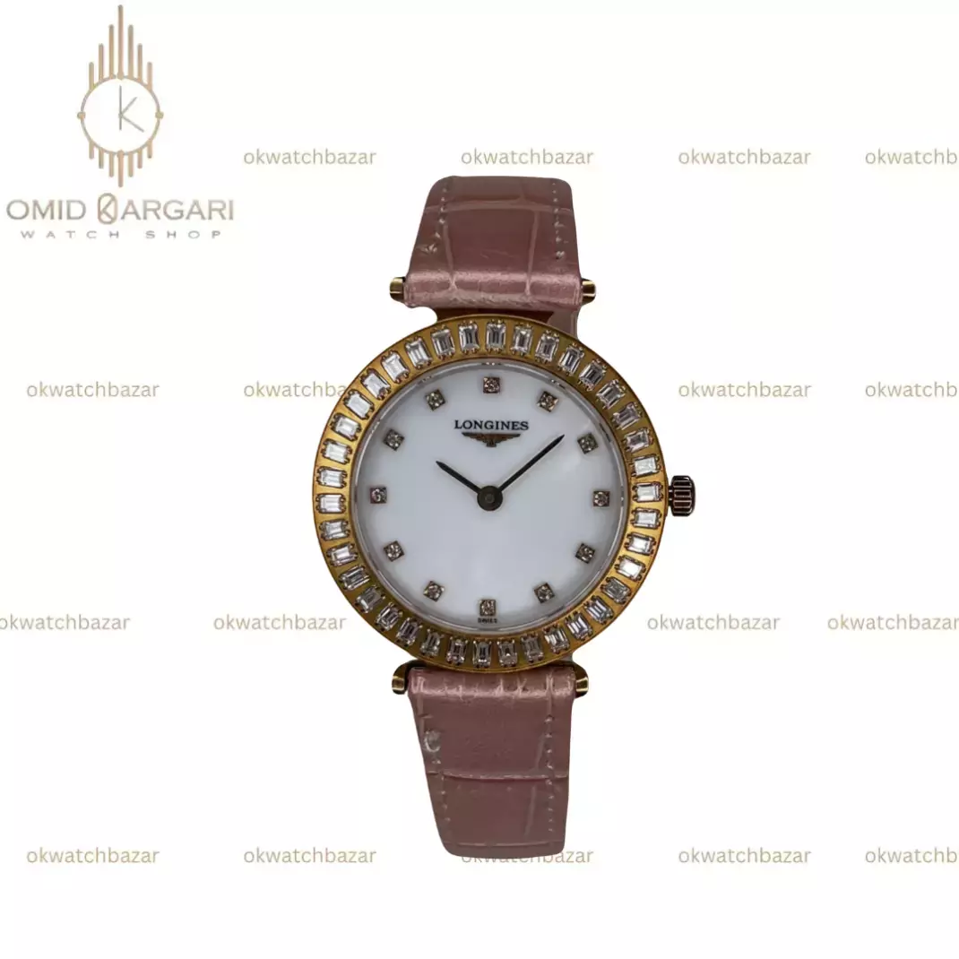 ساعت مچی لونژین بند صورتی قاب نگین دار Longines