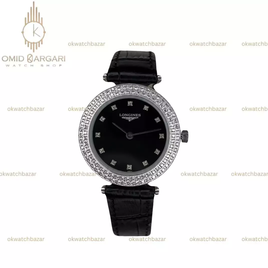ساعت مچی لونژین بند مشکی قاب نگین دار Longines