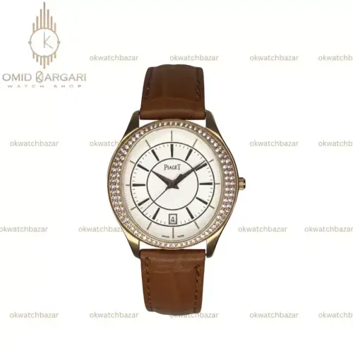 ساعت مچی پیاژه بند چرمی قهوه ای قاب نگین دار Piaget