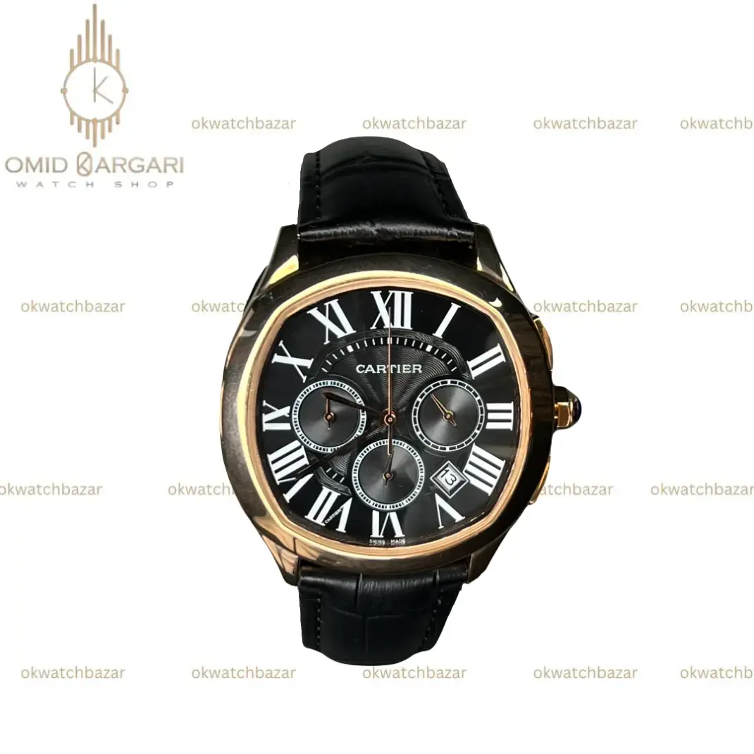 ساعت مچی کارتیه کورنوگراف قاب رزگلد صفحه مشکی Cartier