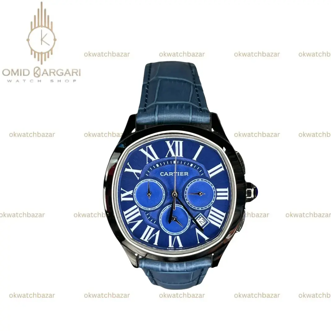 ساعت مچی کارتیه کورنوگراف قاب سیلور صفحه آبی Cartier