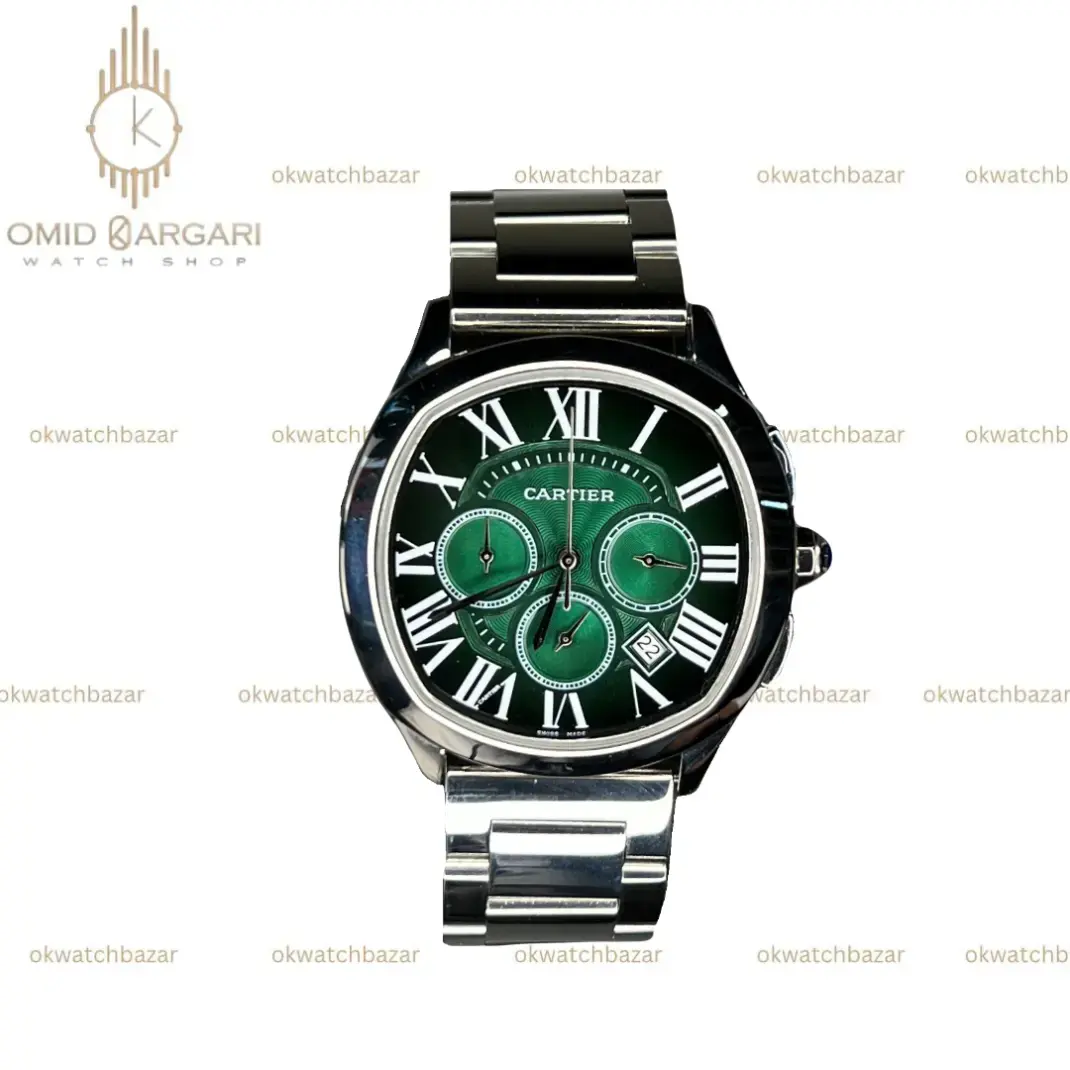 ساعت مچی کارتیه کورنوگراف بند سیلور صفحه سبز Cartier