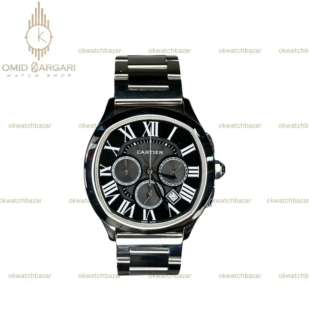 ساعت مچی کارتیه کورنوگراف بند سیلور صفحه مشکی Cartier