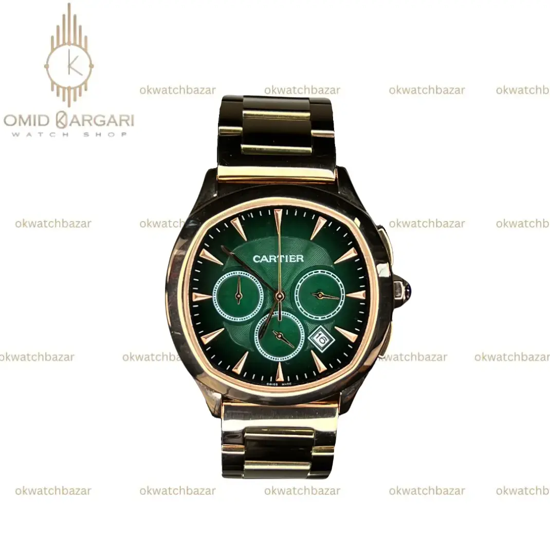 ساعت مچی کارتیه کورنوگراف بند رزگلد صفحه سبز Cartier