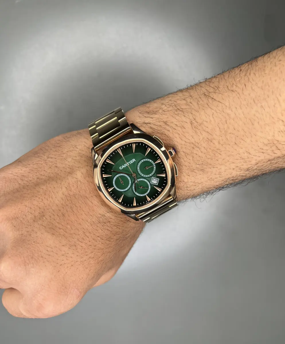 ساعت مچی کارتیه کورنوگراف بند رزگلد صفحه سبز Cartier