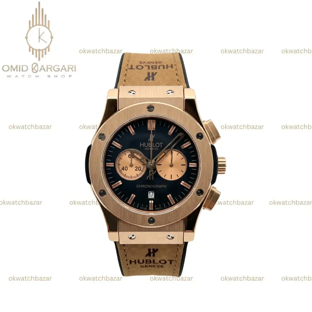 ساعت مچی هابلوت کلاسیک فیوژن کورنوگراف صفحه مشکی بند شتری مردانه Hublot Classic Fusion