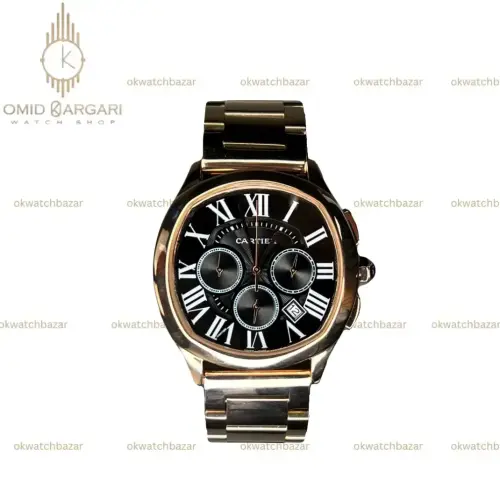 ساعت مچی کارتیه کرونوگراف بند رزگلد صفحه مشکی Cartier