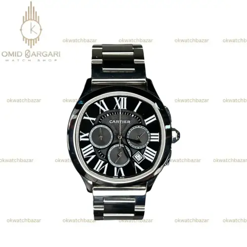 ساعت مچی کارتیه کرونوگراف بند سیلور صفحه مشکی Cartier