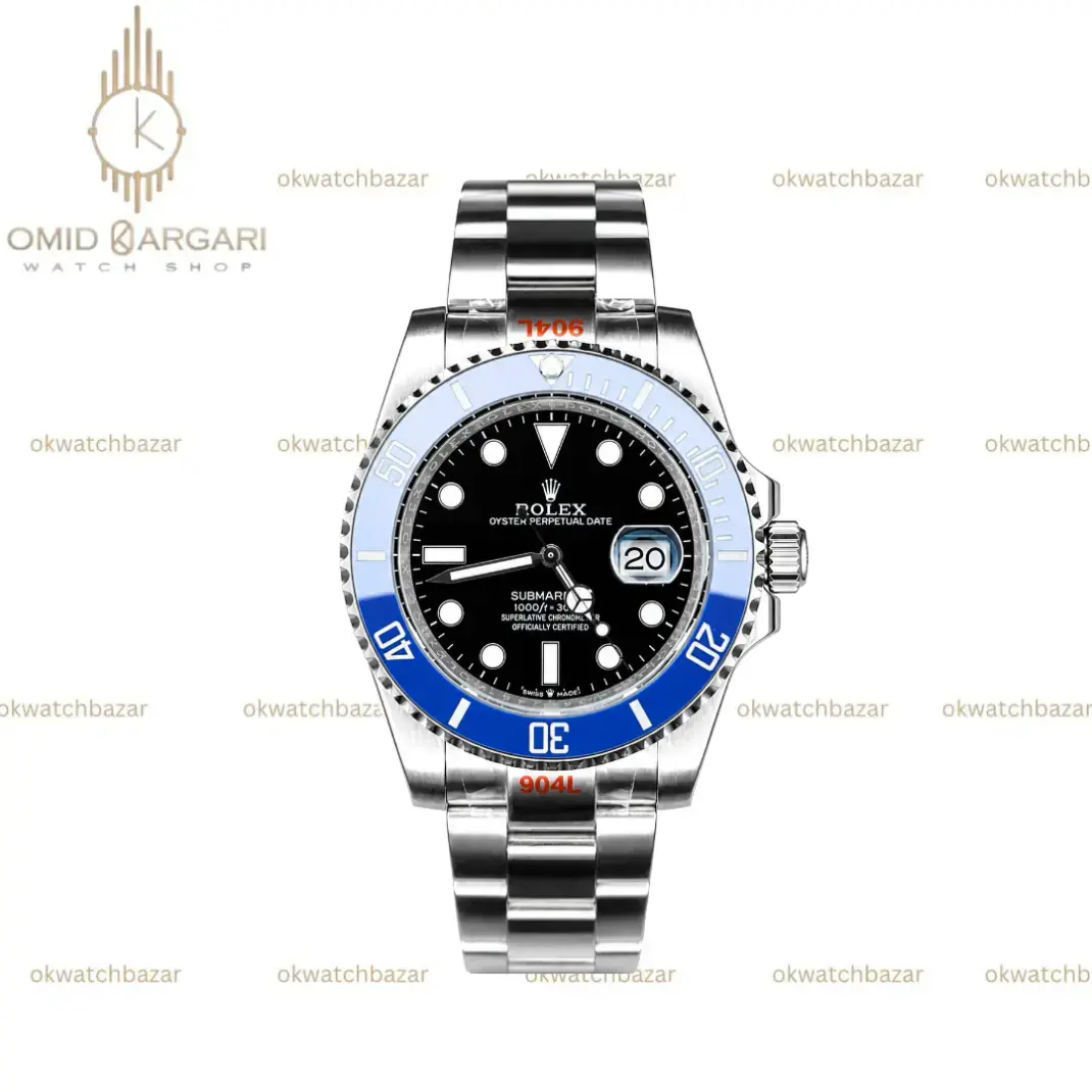 ساعت مچی رولکس سابمارینر سوئیسی سیلور بزل آبی صفحه مشکی Rolex Submariner