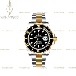 ساعت مچی رولکس سابمارینر سوئیسی سیلورطلایی صفحه مشکی Rolex Submariner
