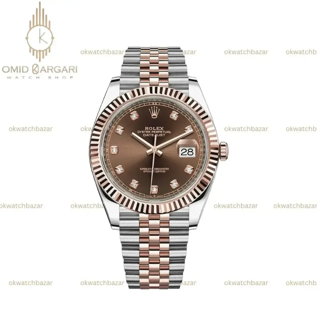ساعت مچی رولکس دیت جاست سوئیسی سیلور رزگلد ایندکس نگین صفحه چاکلت Rolex Datejust