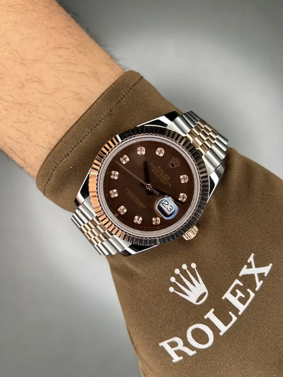 ساعت مچی رولکس دیت جاست سوئیسی سیلور رزگلد ایندکس نگین صفحه چاکلت Rolex Datejust