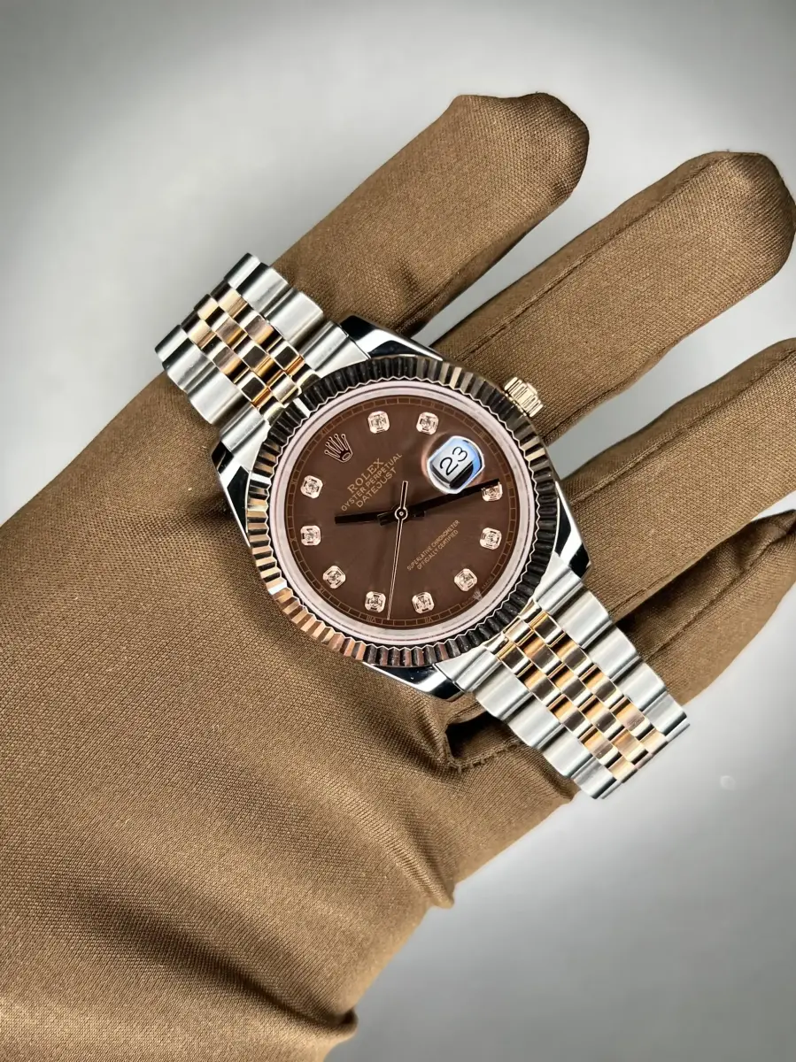 ساعت مچی رولکس دیت جاست سوئیسی سیلور رزگلد ایندکس نگین صفحه چاکلت Rolex Datejust