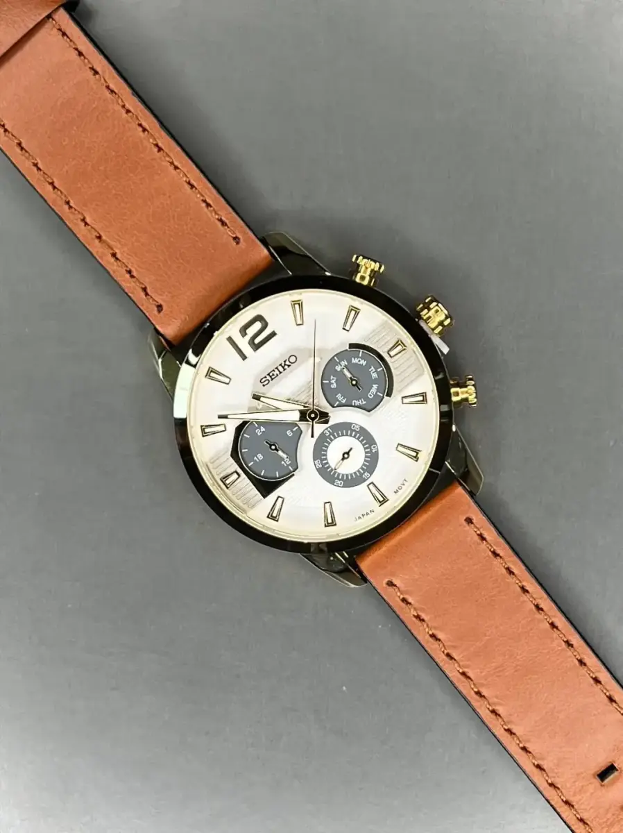 ساعت مچی سیکو فول دیت بند چرمی قهوه ای صفحه سفید Seiko