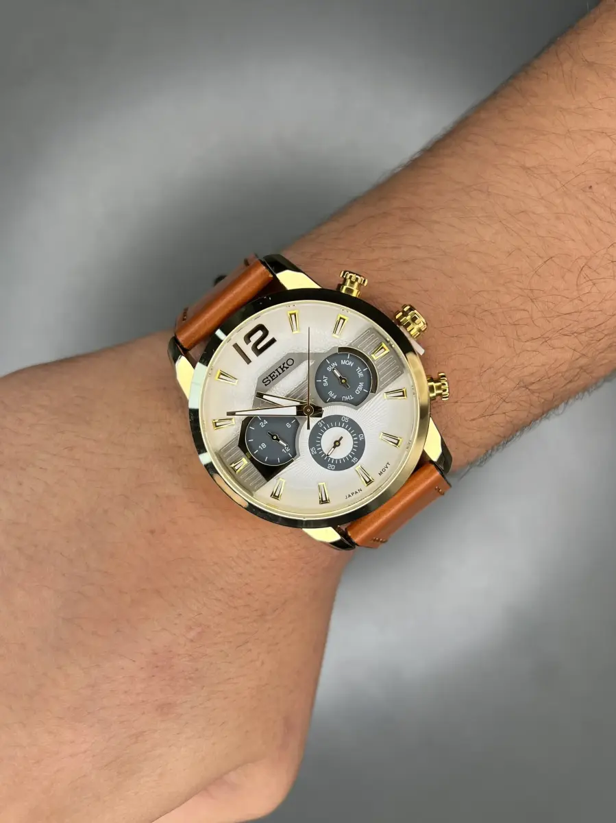 ساعت مچی سیکو فول دیت بند چرمی قهوه ای صفحه سفید Seiko