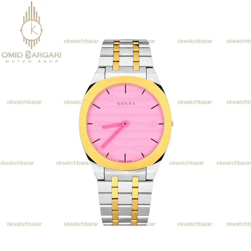ساعت مچی گوچی سیلورطلایی صفحه صورتی Gucci