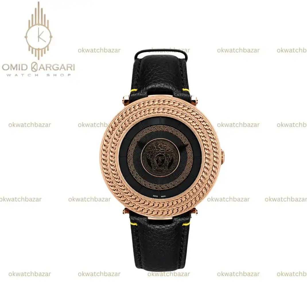 ساعت مچی ورساچه صفحه طرحدار قاب رزگلد چرمی مشکی Versace
