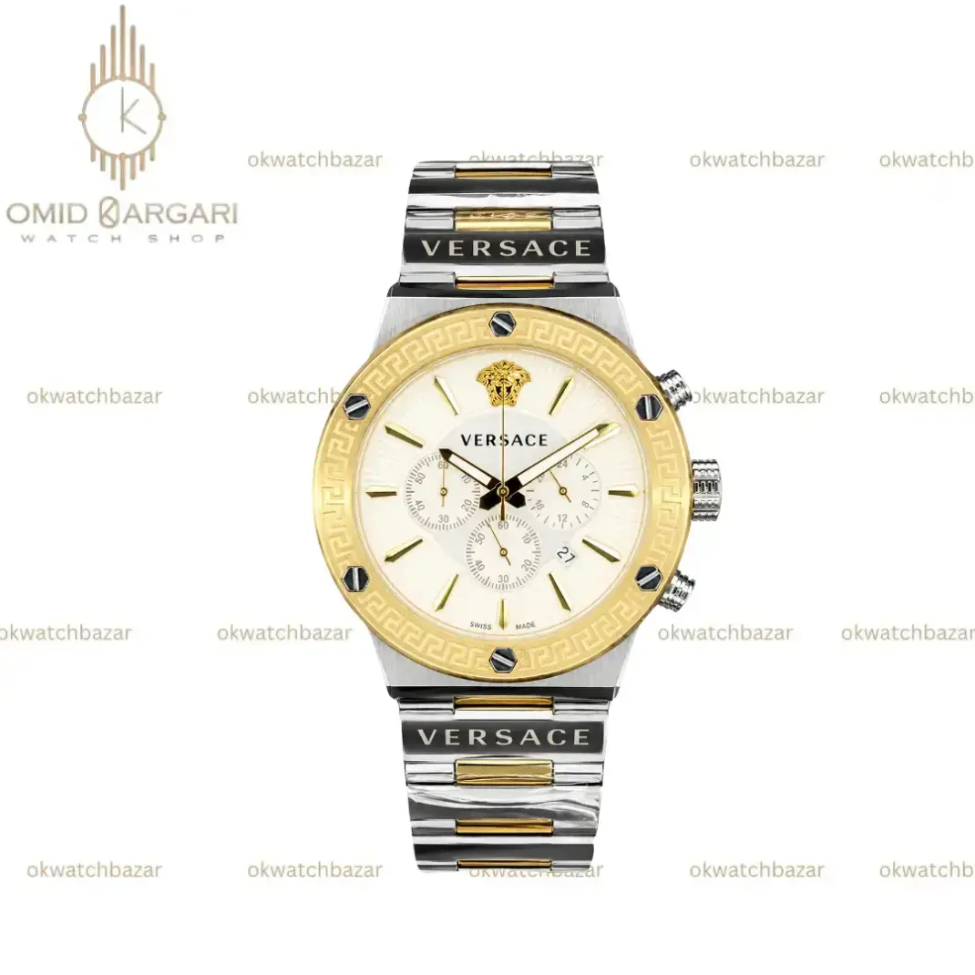 ساعت مچی ورساچه کرونوگراف بند سیلورطلایی صفحه سفید Versace