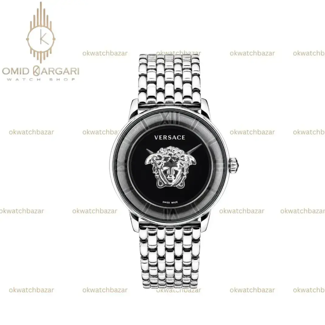 ساعت مچی ورساچه طرحدار بند سیلور صفحه مشکی Versace
