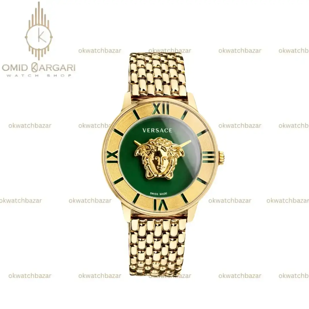 ساعت مچی ورساچه طرحدار بند طلایی صفحه سبز Versace