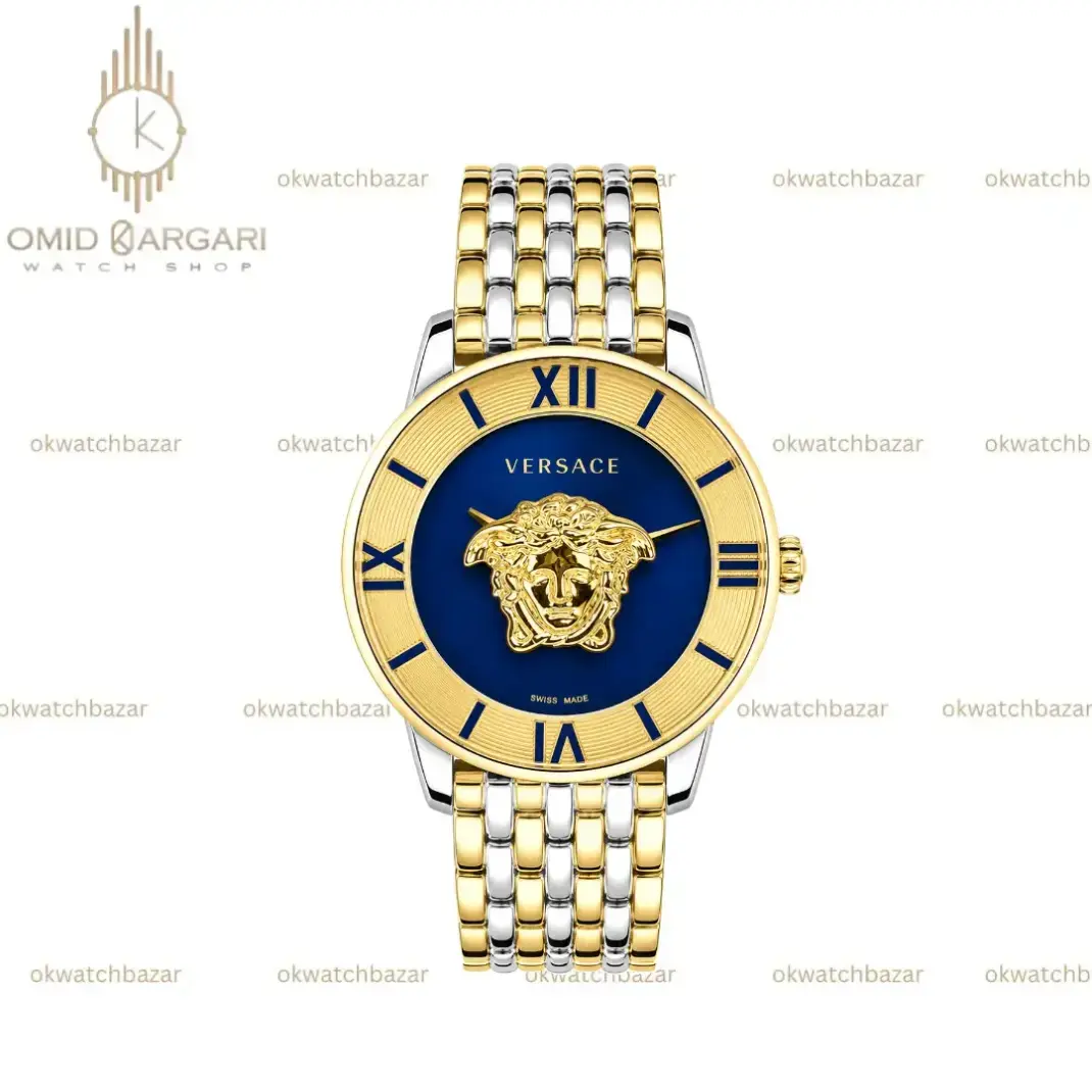 ساعت مچی ورساچه طرحدار بند سیلورطلایی صفحه آبی Versace
