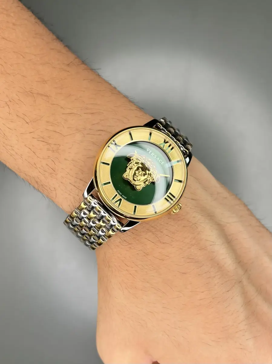 ساعت مچی ورساچه طرحدار بند سیلورطلایی صفحه سبز Versace