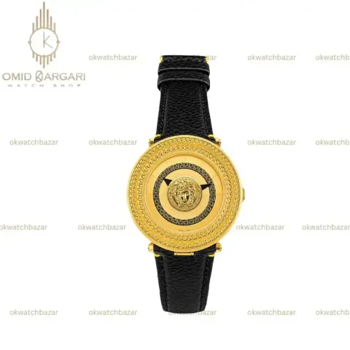 ساعت مچی ورساچه صفحه طرحدار قاب طلایی چرمی طلایی Versace
