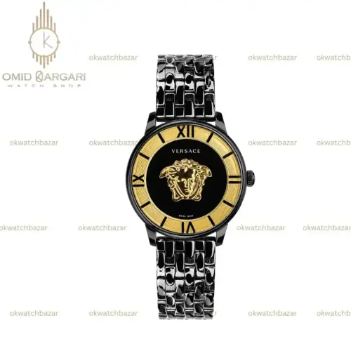ساعت مچی ورساچه طرحدار بند مشکی صفحه مشکی طلایی Versace
