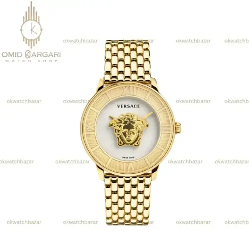 ساعت مچی ورساچه طرحدار بند طلایی صفحه سفید Versace