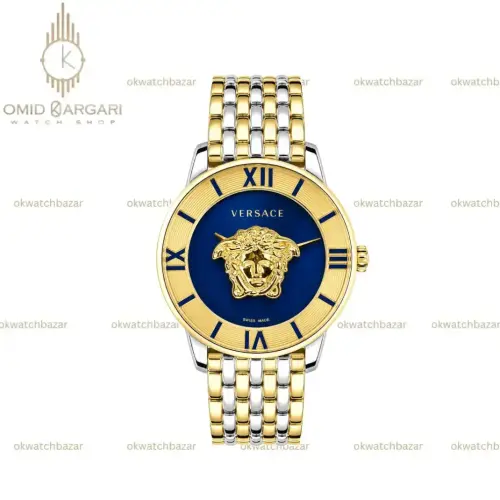 ساعت مچی ورساچه طرحدار بند سیلورطلایی صفحه آبی Versace
