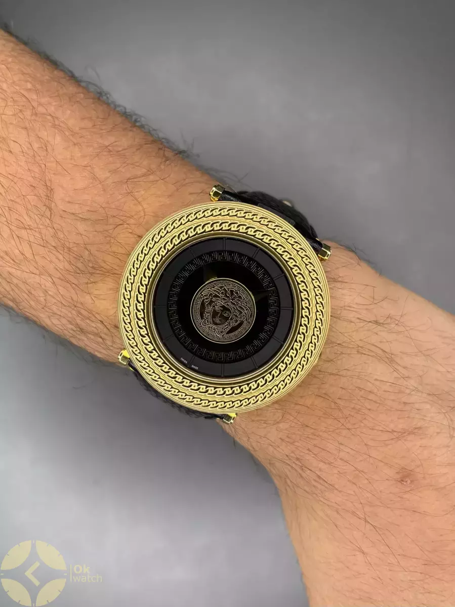 ساعت مچی ورساچه صفحه طرحدار قاب طلایی چرمی مشکی Versace