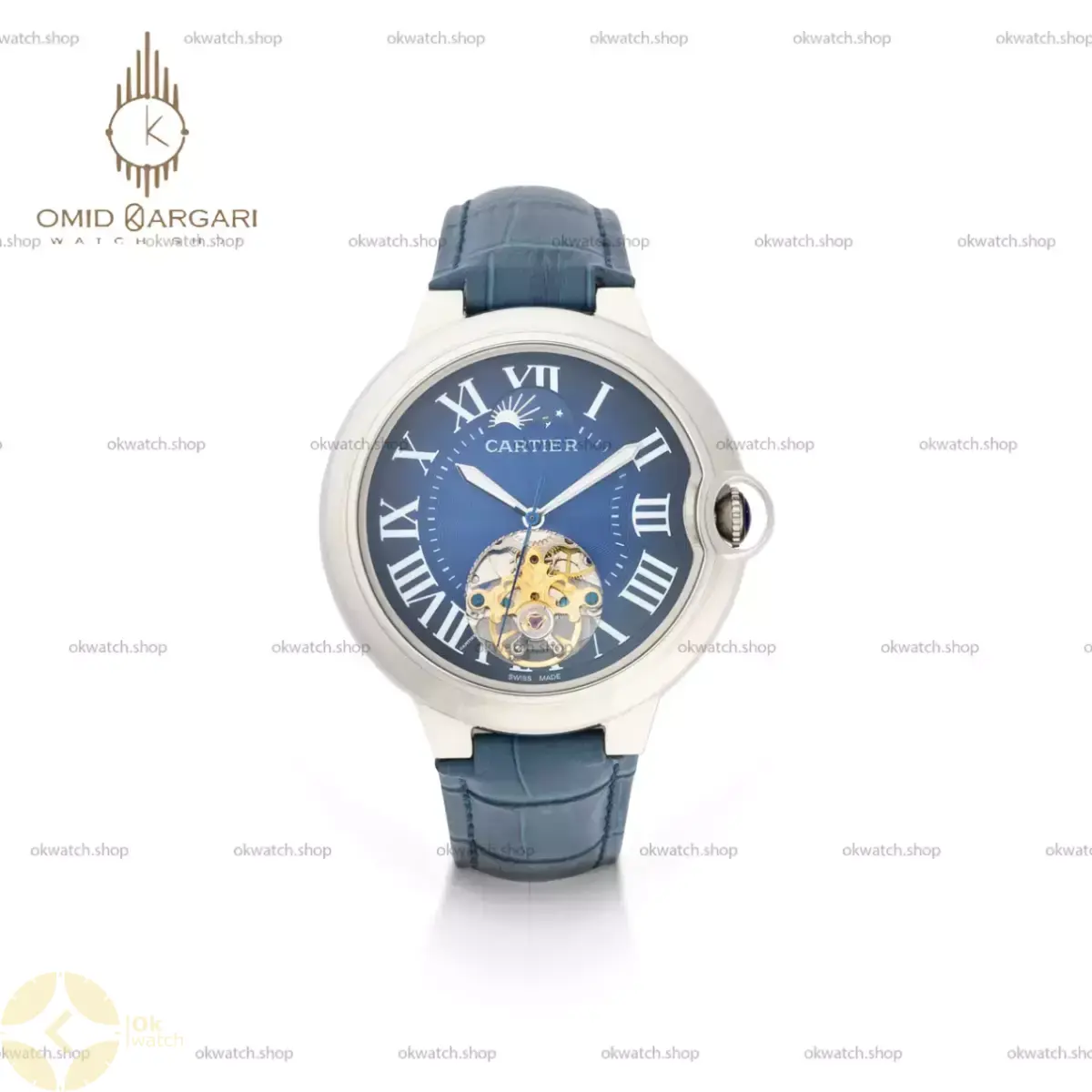 ساعت مچی کارتیه بلن بولو صفحه قلب باز بند چرمی سرمه ای Cartier Ballon Bleu