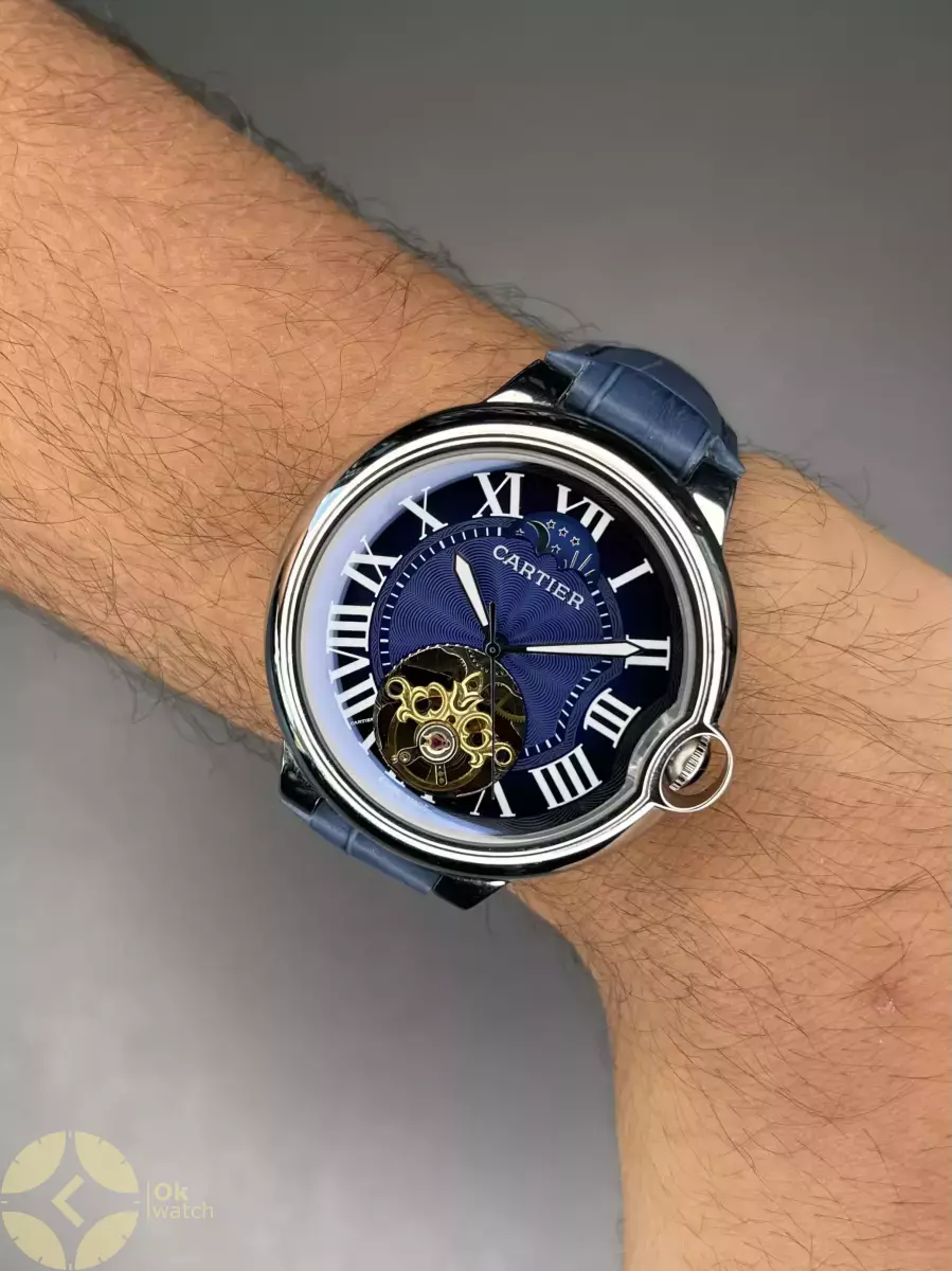 ساعت مچی کارتیه بلن بولو صفحه قلب باز بند چرمی سرمه ای Cartier Ballon Bleu