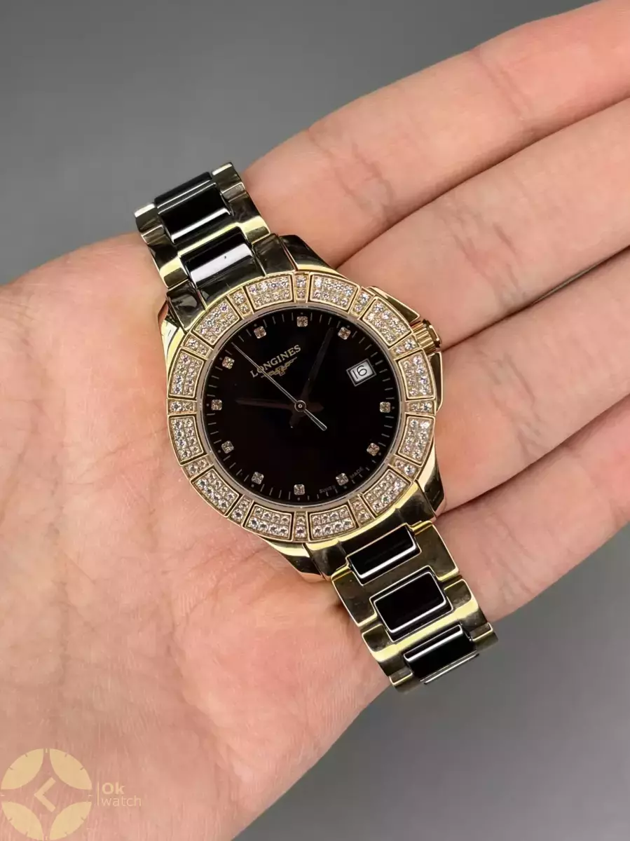 ساعت مچی لونژین دور نگین طلایی مشکی Longines