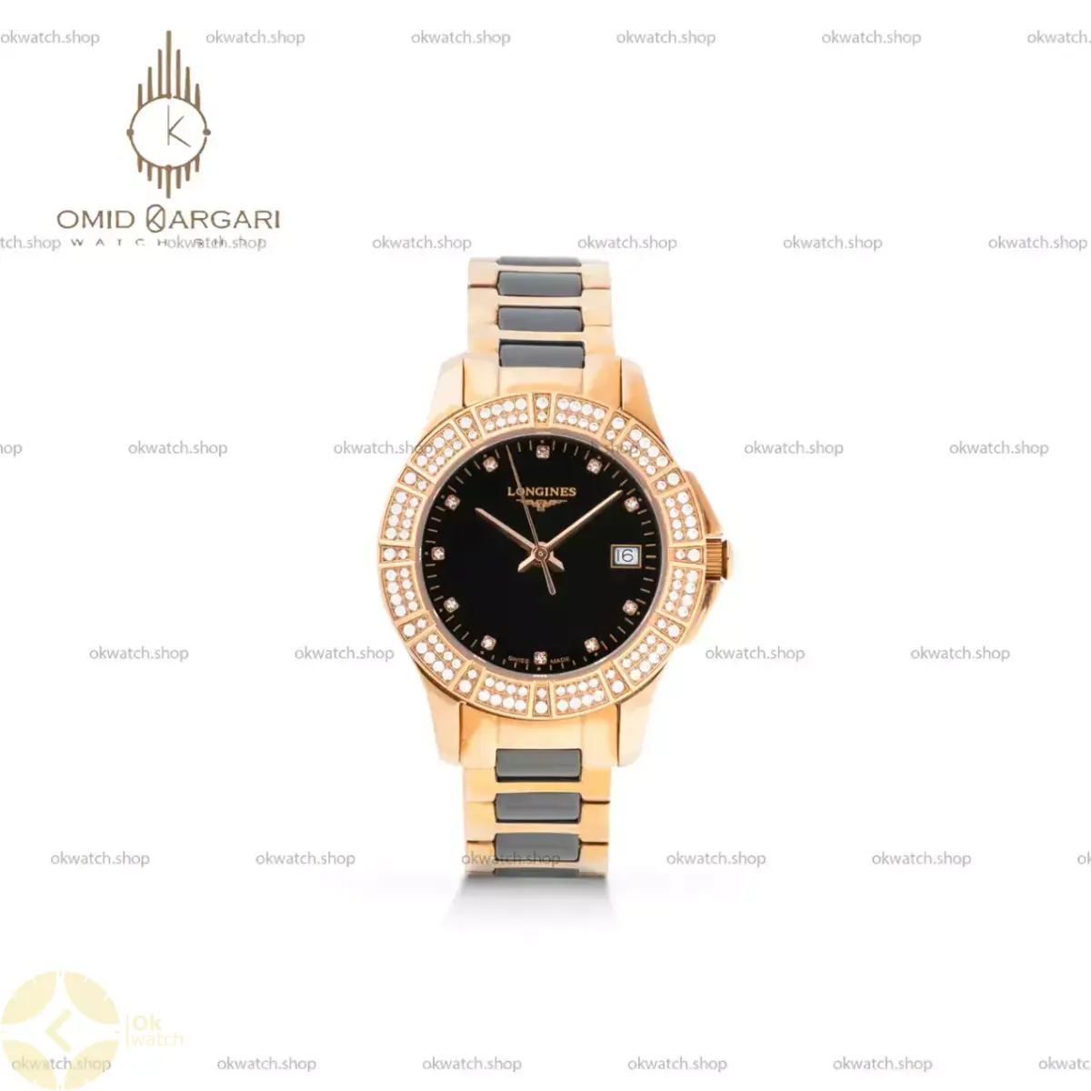 ساعت مچی لونژین دور نگین طلایی مشکی Longines