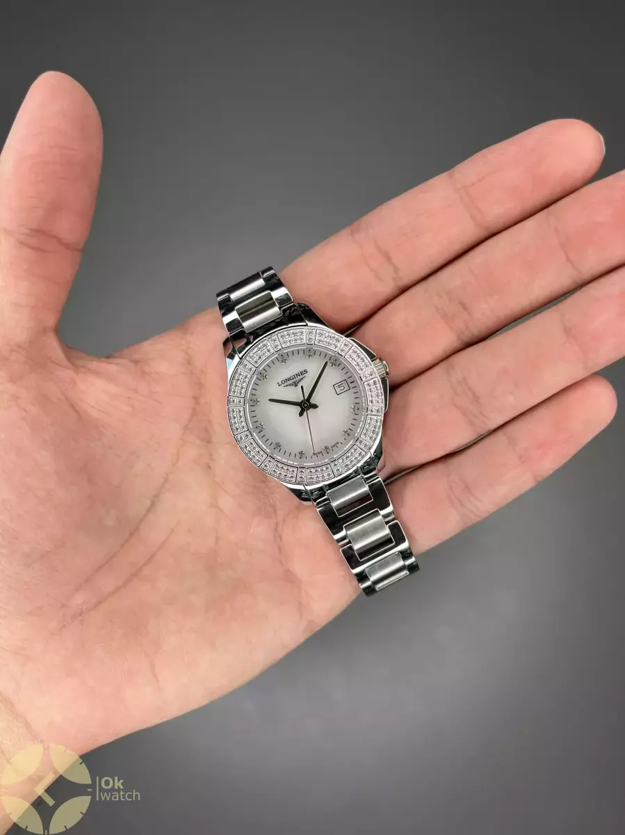ساعت مچی لونژین دور نگین بند استیل صفحه سفید Longines