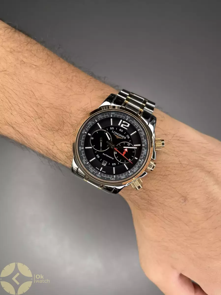 ساعت مچی لونژین کورنوگراف صفحه مشکی دو رنگ سیلور رزگلد Longines
