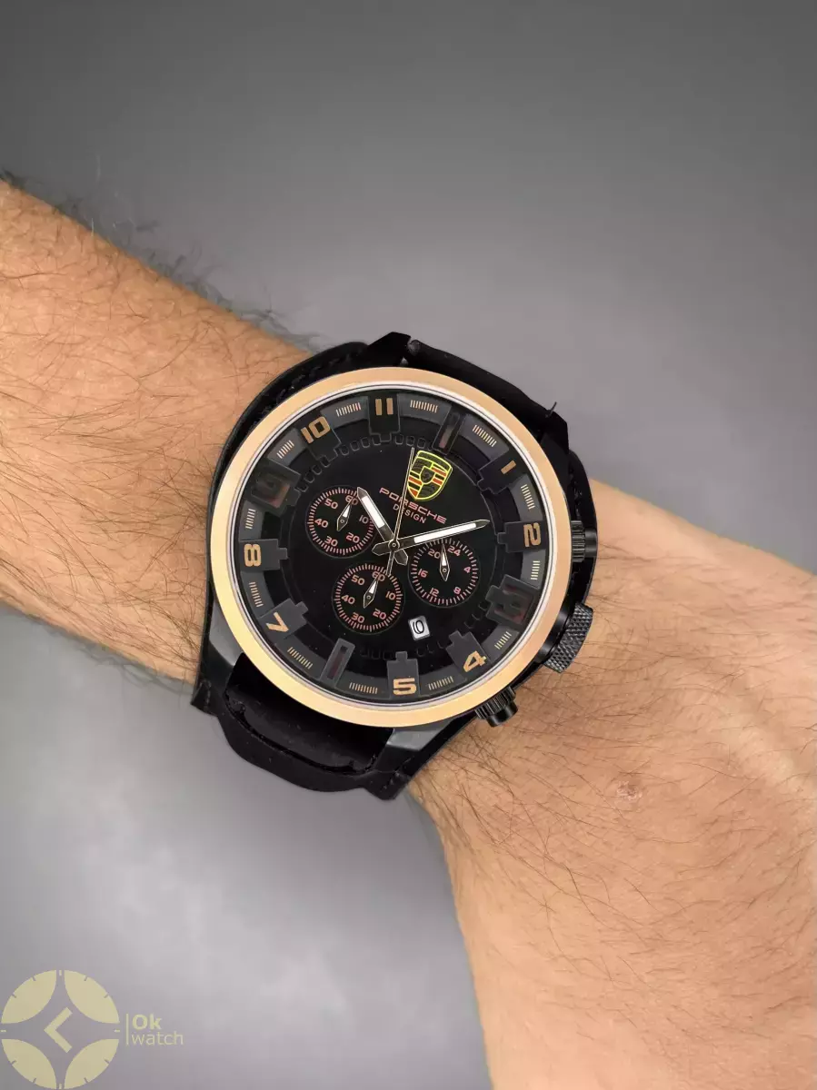 ساعت مچی پورش دیزاین بند جیر صفحه مشکی قاب رزگلد Porsche Design